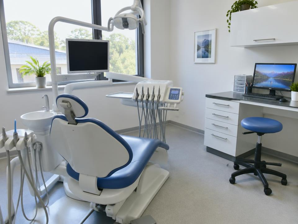 Studio dentistico con poltrona e attrezzatura, illuminato dalla luce naturale