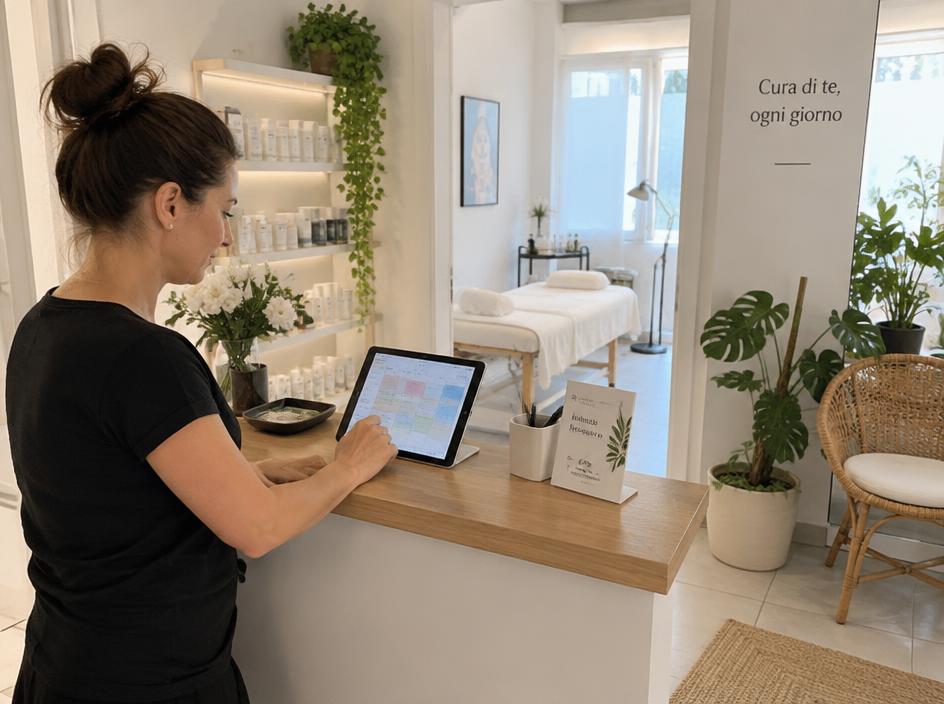 Sala trattamenti di un centro estetico con un tablet che mostra l'agenda degli appuntamenti