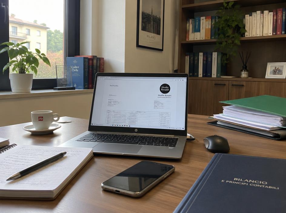Scrivania ordinata di uno studio professionale con laptop e fascicolo chiuso